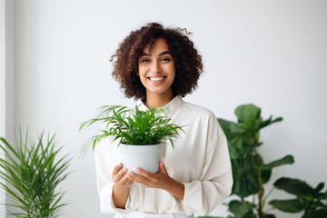 Woman taking care about houseplant and holding pot of houseplant. Home gardening, Plant care - obrazy, fototapety, plakaty