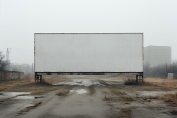 Obraz premium Blank deteriorated billboard, located in the suburbs of cosmopolitan city. Neglected streets on a gray day with fog in the air.