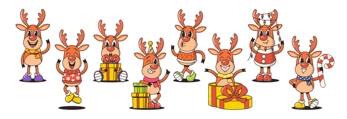 Cartoon Retro-style Christmas Deer Characters In Vibrant Winter Attire, Exuding Nostalgic Old-fashioned Charm
