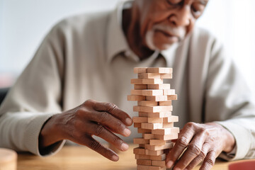 African American Senior man with dementia playing with wooden blocks in geriatric clinic or nursing home