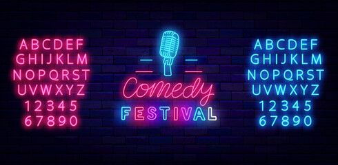 Comedy festival neon label. Stand up show. Comic performance. Shiny blue and pink alphabet. Vector illustration