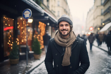 Portrait of young happy smiling man in winter clothes at street Christmas market in Paris. Real people