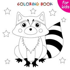 Cute animals. Little Raccoon and stars. Coloring book template for children. Editable vector