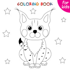 Cute animals. Little lynx and stars. Coloring book template for children. Editable vector
