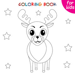 Cute animals. Little deer and stars. Coloring book template for children. Editable vector