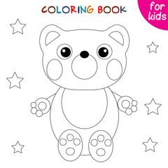 Cute animals. Little bear and stars. Coloring book template for children. Editable vector