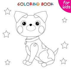 Cute animals. Little puppy and stars. Coloring book template for children. Editable vector