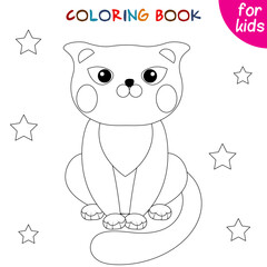 Cute animals. Little cat and stars. Coloring book template for children. Editable vector