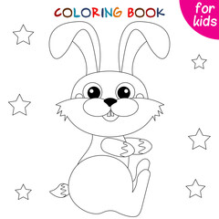 Cute animals. Little rabbit and stars. Coloring book template for children. Editable vector