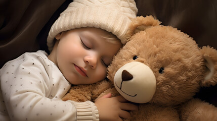 Sleeping Baby Hugging Teddy Bear in Knit Cap