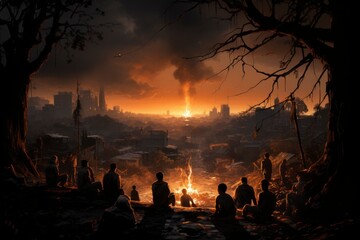 A group of survivors gathered around a makeshift campfire in a devastated urban landscape. - obrazy, fototapety, plakaty