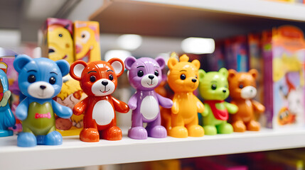 Obraz premium Colorful Toy Bears on Shelf in Children's Store