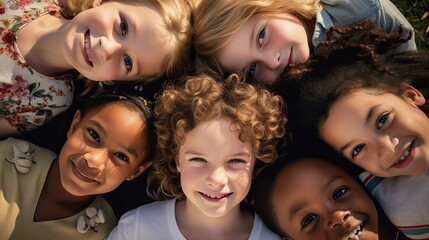 Obraz premium Directly above portrait of children lying on field in yard