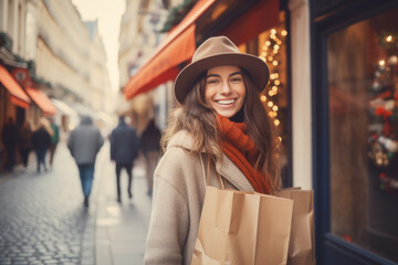Young happy smiling woman in winter clothes at street Christmas market in Paris. Christmas...