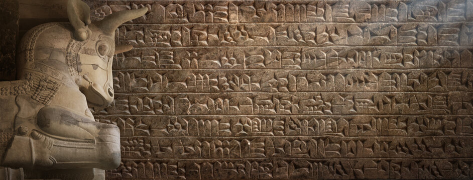 Ancient cuneiform Sumerian text and bull statue, a mythical Assyrian deity. Historical background on the theme of civilizations of Assyria, Mesopotamia, Babylon, interfluve, Sumerian.