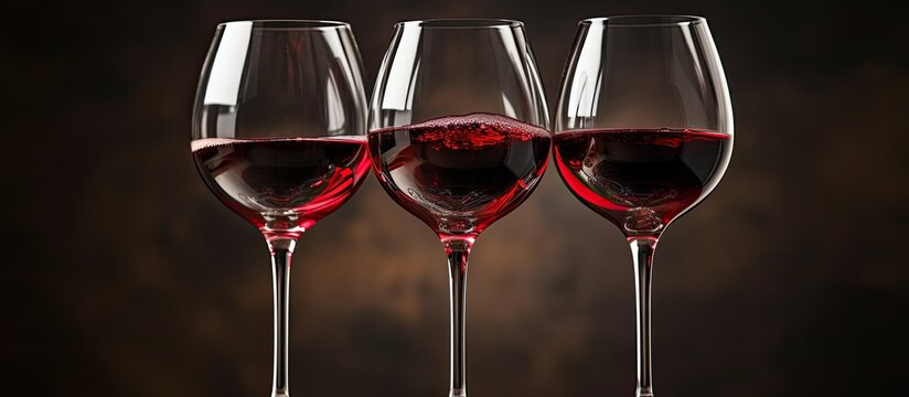 A group of friends raising three cabernet filled wineglasses to toast