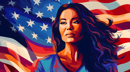 Naklejka premium Patriotic Female Portrait with American Flag Background