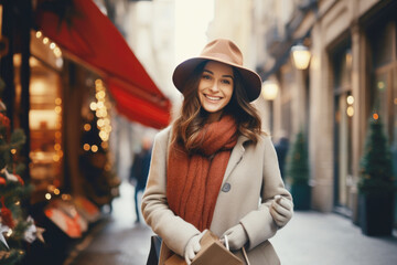 Young happy smiling woman in winter clothes at street Christmas market in Paris. Christmas shopping. concept, holding gift box. - obrazy, fototapety, plakaty