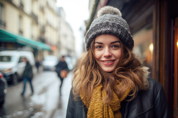 Portrait of beautiful young happy woman in winter clothes at street Christmas market in Paris. Real people