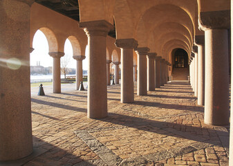 view of stone pillars to the building