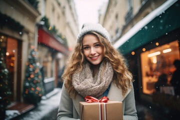 Young happy smiling woman in winter clothes at street Christmas market in Paris. Christmas shopping. concept, holding gift box.