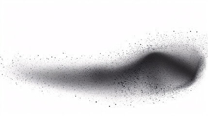 An abstract gradient of charcoal splotches and black dotwork, punctuated by a sand-like stippling effect, is set against a pristine white backdrop.