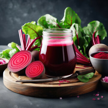 written composition of fresh and healthy beetroot juice, good for heart and blood pressure, drinks concept, generative ai	