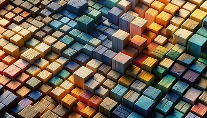 Wooden blocks, tightly packed to fill the entire image without gaps