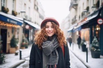Fototapeta premium Portrait of beautiful young happy woman in winter clothes at street Christmas market in Paris. Real people
