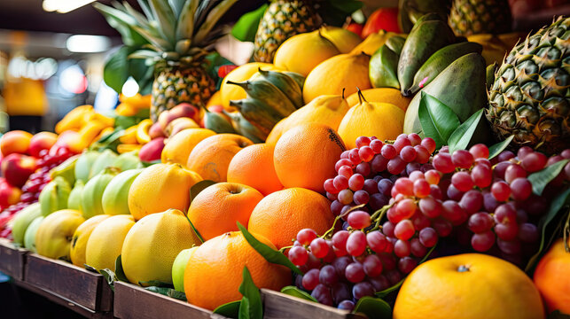 Close-Up of Fresh, Diverse Fruits Displayed in Traditional Market