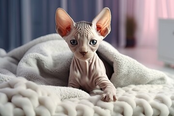 A cute kitten of the bald Sphynx breed with big ears is wrapped in a blanket and sits on a white soft blanket. . Comfortable pets sleep in a cozy home.