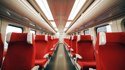 Fototapeta premium Red interior of a European economy class fast train, devoid of travelers..