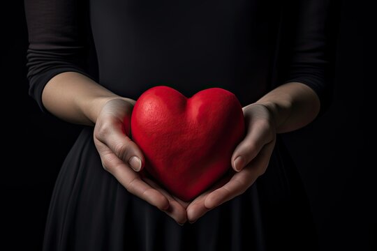 Close-up of female hands holding a red heart on a dark background