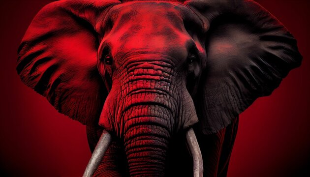 AI generated illustration of an African elephant with vibrant red paint artfully adorning its body