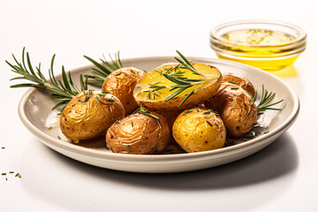 Miniature baked spuds with garlicky olive oil, rosemary, and seasoning scattered on an aged plate against a white backdrop.