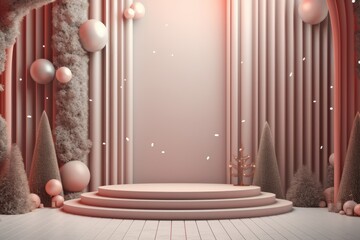 Merry Christmas banner with stage product display cylindrical shape and festive decoration for christmas, Minimal scene for mockup products, promotion display, 3D rendering product display platform.