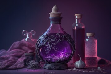 Obraz na płótnie Canvas Glass bottle with purple liquid. Magical alchemy potion