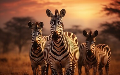 Obraz premium African zebras at sunset in the National Park.