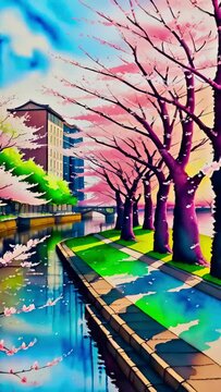 River bank with cherry blossom. Lo-fi beautiful aesthetics, suitable for music videos.