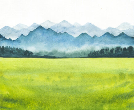 Watercolor illustration of landscape with abstract green field and distant mountains , hand drawn