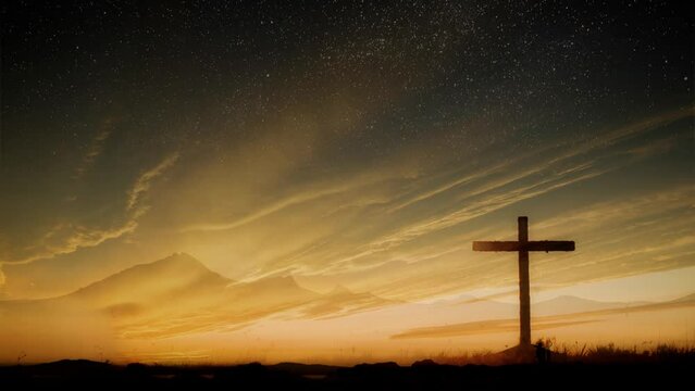 Christian Cross Under Starry Sunset Sky With Flowing Clouds 4K Christian Worship Video Background Motion Loop Religious Landscape Church Footage Backdrop Wallpaper For Christianity