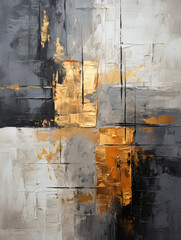 Abstract oil painting: abstract geometric shapes in black and gray gold colors in boho style, Artistic texture.