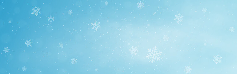 Snow winter background. Snowfall with white flakes. Blue Christmas texture with falling snow. Flying ice particles. Frozen effect template. Wide snowy wallpaper. Vector illustration