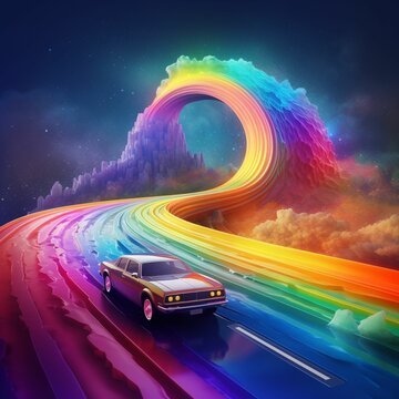 AI generated illustration of a car traveling along a rainbow road