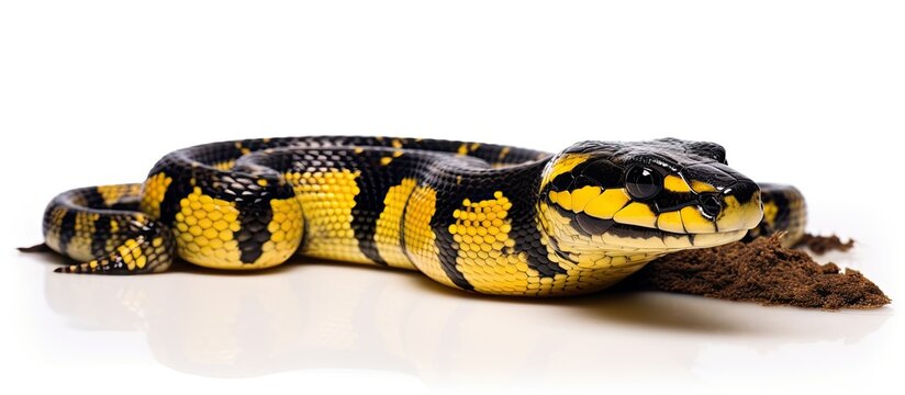 The banded sea krait also known as the yellow lipped sea krait or colubrine sea krait is depicted on a white background