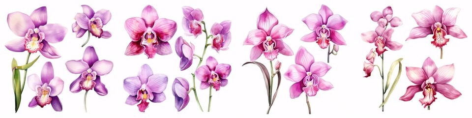 A watercolored orchid drawing isolated on a white surface.