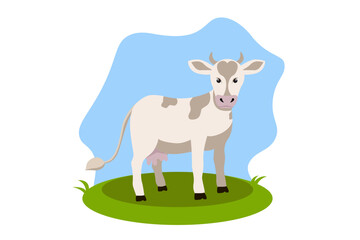 Vector farm animal - an adult large light cow stands sideways in a clearing in a cartoon style