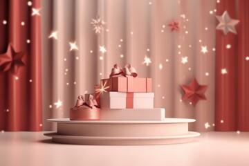 Merry Christmas banner with stage product display cylindrical shape and festive decoration for christmas, Minimal scene for mockup products, promotion display, 3D rendering product display platform.