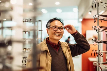 Fotobehang Satisfied Asian mature man chooses and tries on glasses in an ophthalmology store © colnihko
