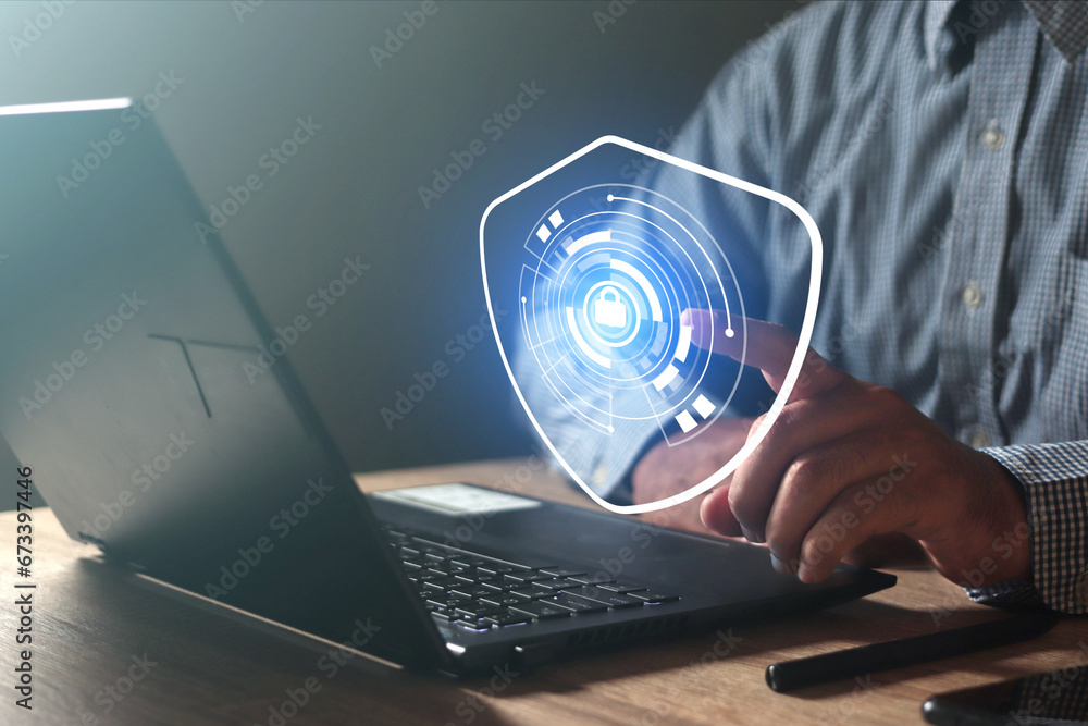 Poster businessman hand point to tick for security database system in business , improved security concept